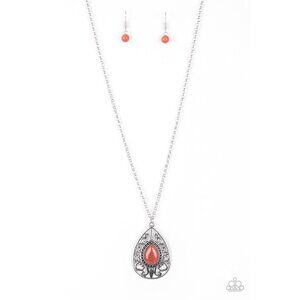 Paparazzi Modern Majesty Long Teardrop Orange Moonstone Silver Necklace Earrings